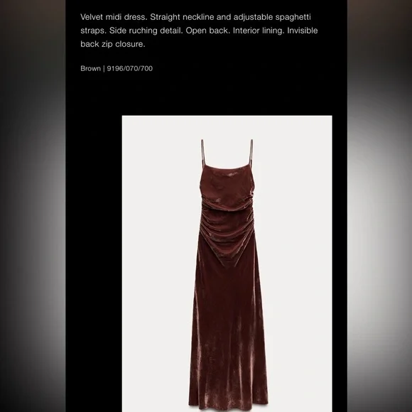 Zara NEW velvet midi strappy dress brown 9196/070 - Picture 7 of 9